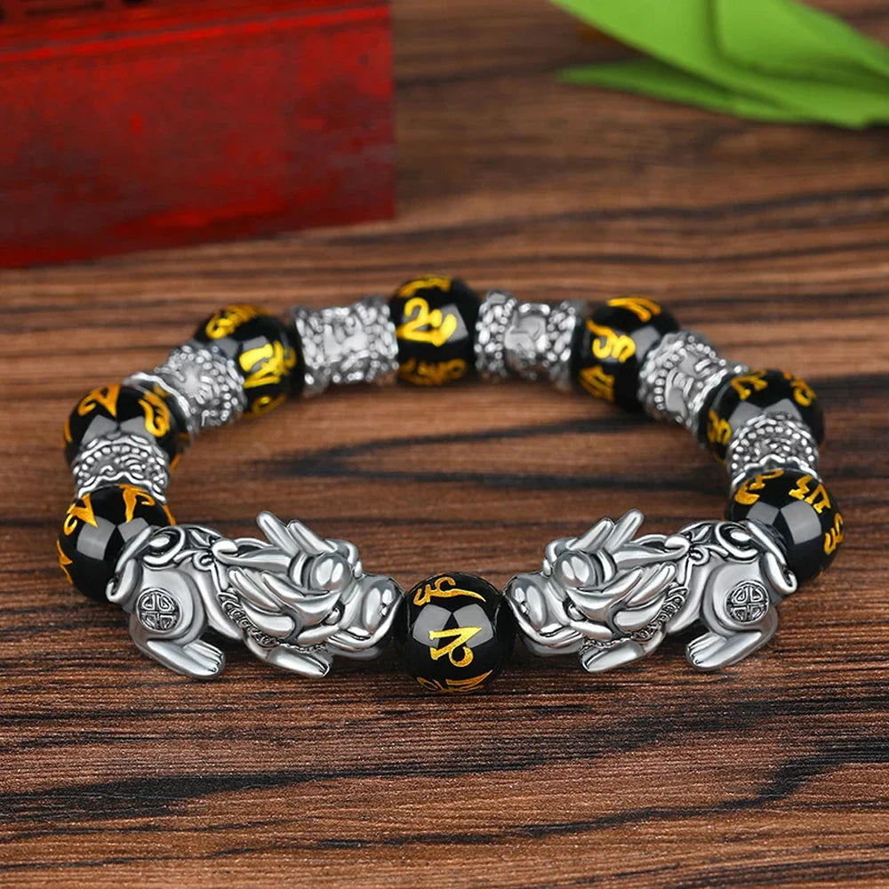 Fashion Jewelry Unisex Pixiu Attract Wealth Feng Shui Men Bracelets Obsidian Stone Beads Wristband Good Luck Bangle