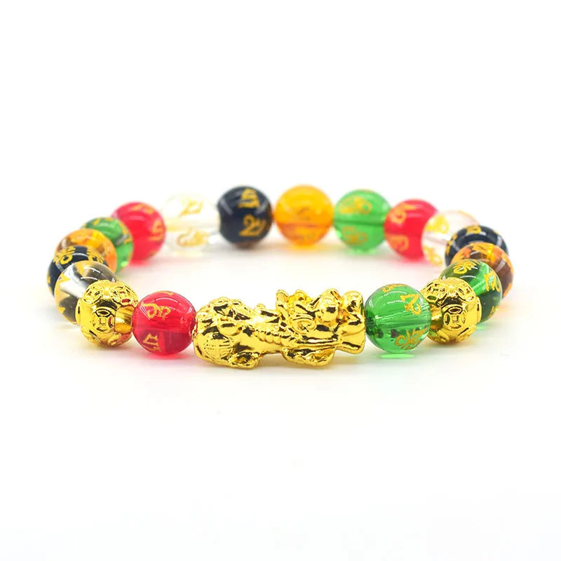 Pixiu Bracelet Feng Shui Wealth and Good Luck Bracelet Homme Wristband Gold Color Obisidian Stone Beads Black Six Character Gift