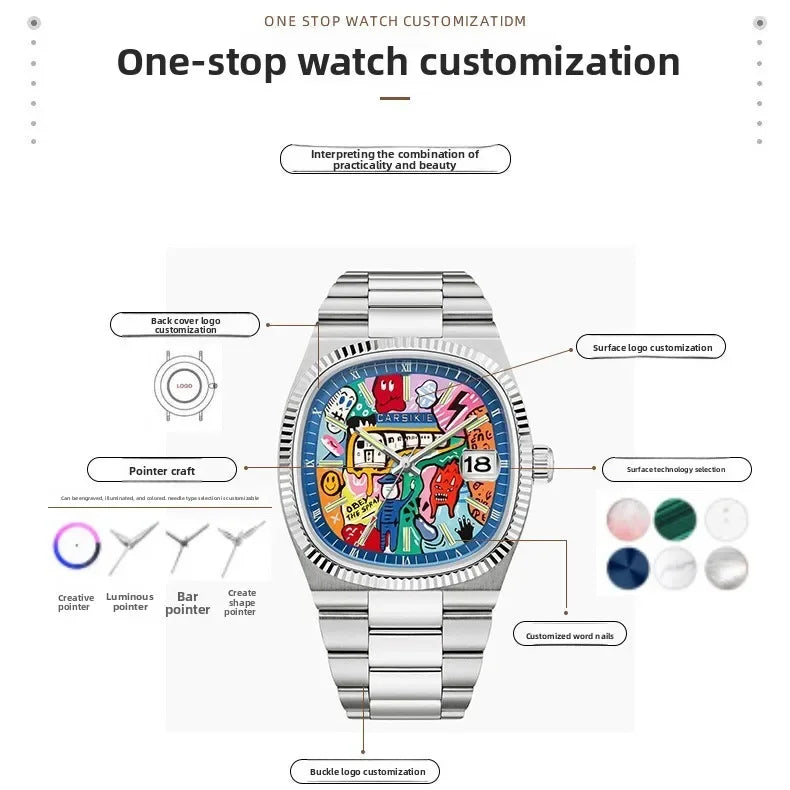 Cartoon Oil Painting Quartz Men's Watch – Casual Steel Strap Personalized Business Timepiece