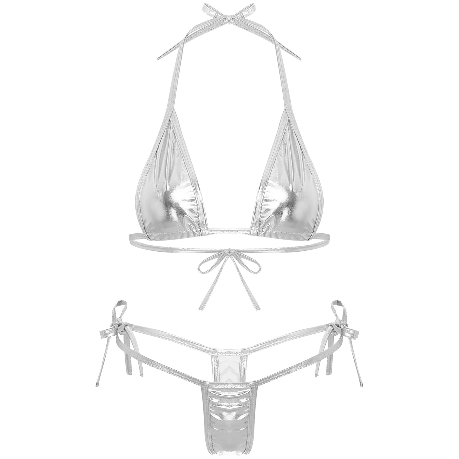 Womens Brazilian Micro Bikini Swimsuit Biquini Set Lacing Non-Padded Triangle Cup Bra Top with G-String Metallic Shiny Swimwear