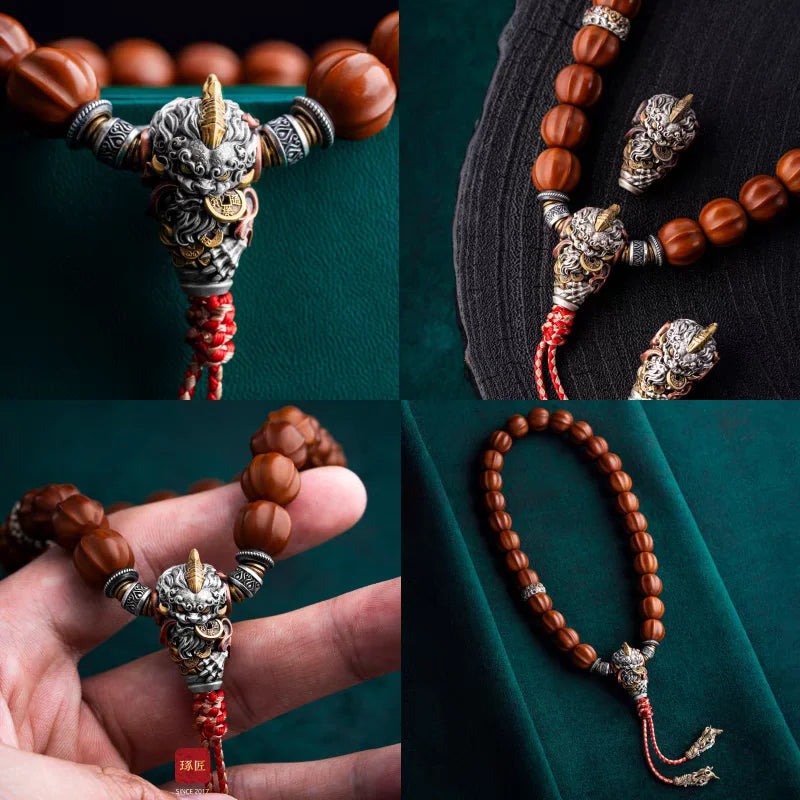 Pixiu Three-Way Bracelet Set - Chinese Style Silver Accessories with King Kong Beads
