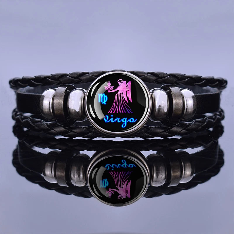 Black Braided Zodiac Bracelet for Men - 12 Constellation Leather Birthday Gift
