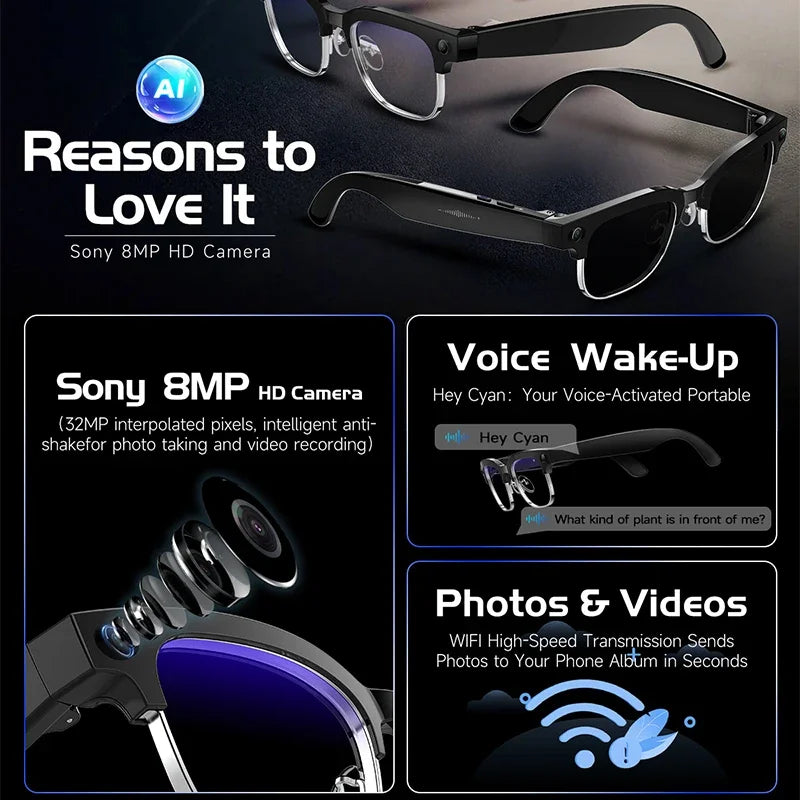 Smart AI Translation Glasses - 4K Camera, Bluetooth Music, Object Recognition & Voice Recording