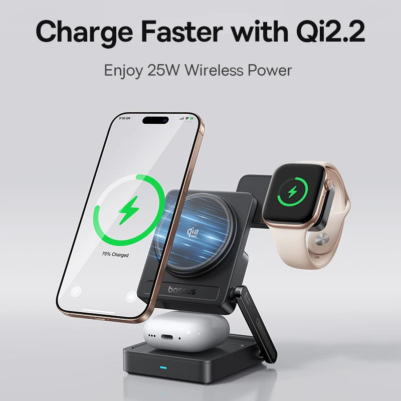 Baseus 3-in-1 Magnetic Wireless Charger – iPhone, AirPods & Apple Watch
