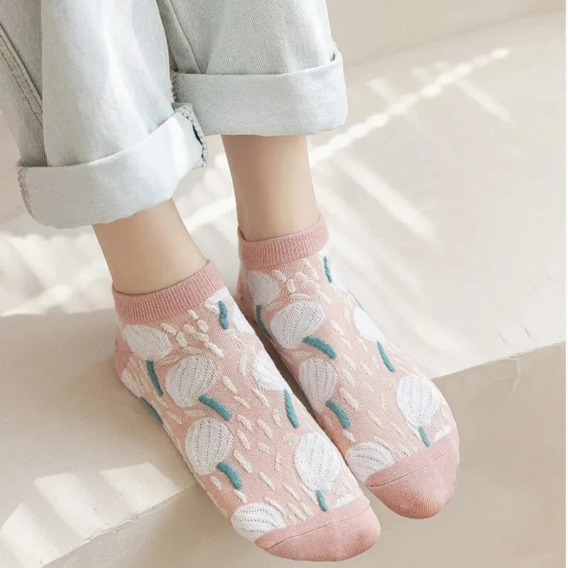 Kawaii Flower 3D Textured Ankle Socks – Vintage Low Cut