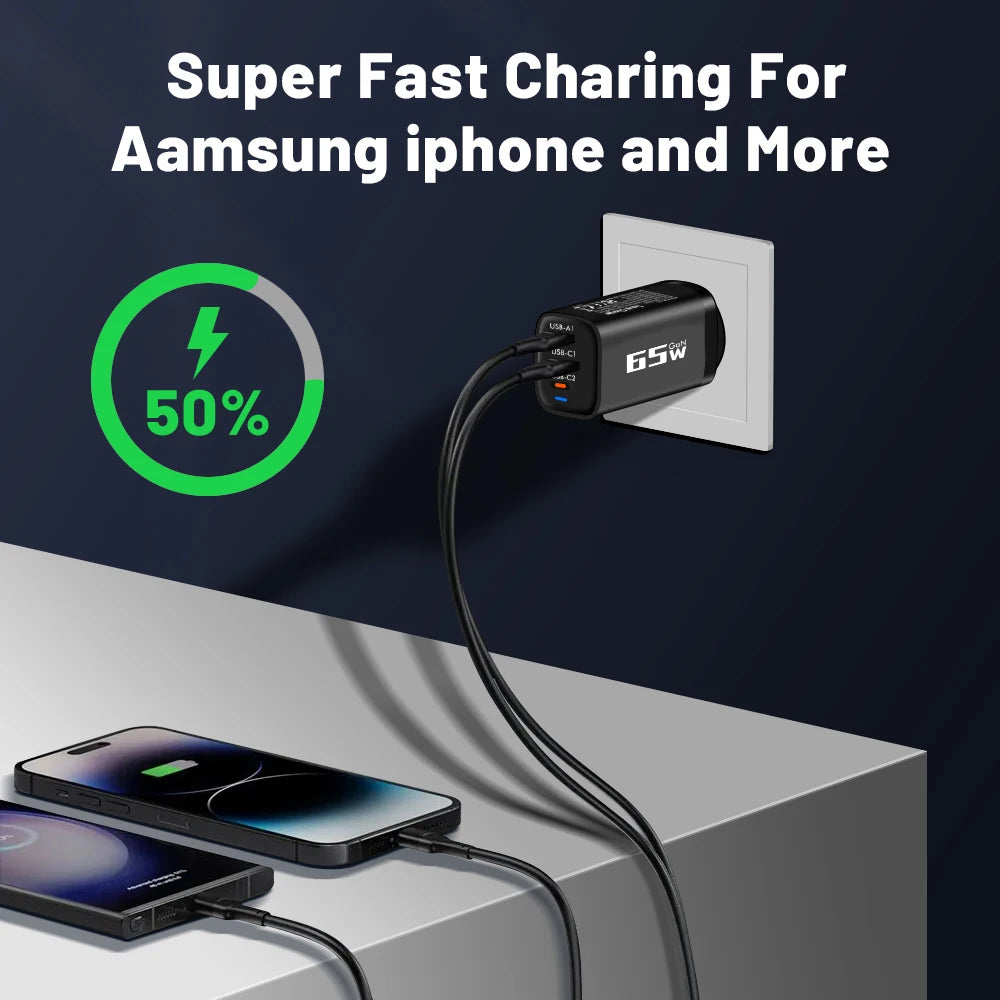 85W GaN USB-C Charger QC3.0 PPS PD Fast Charge for iPhone & Laptop