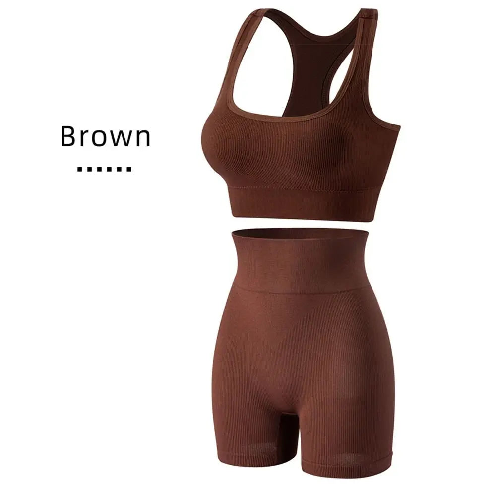 Women's 2-Piece Breathable Ribbed Workout Set - Sports Bra & High Waist Shorts (Summer Active Set)