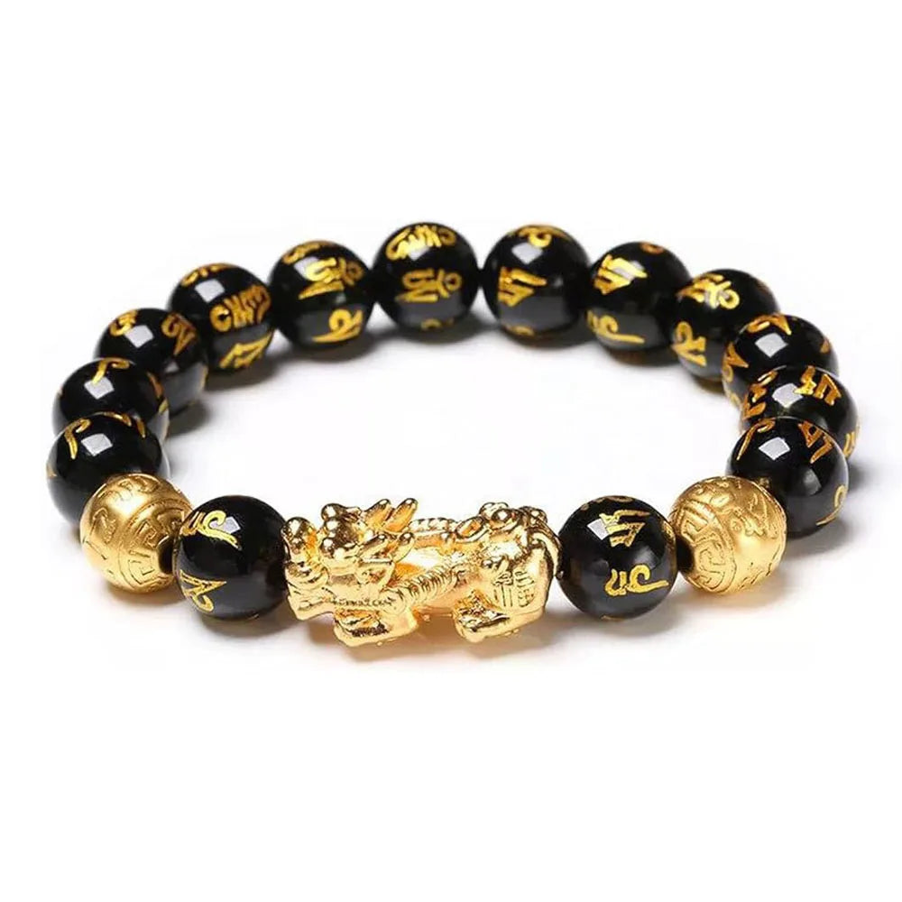 Feng Shui Black Obsidian Pixiu Wealth Bracelet - Prosperity Buddha Beads Elastic Bracelet