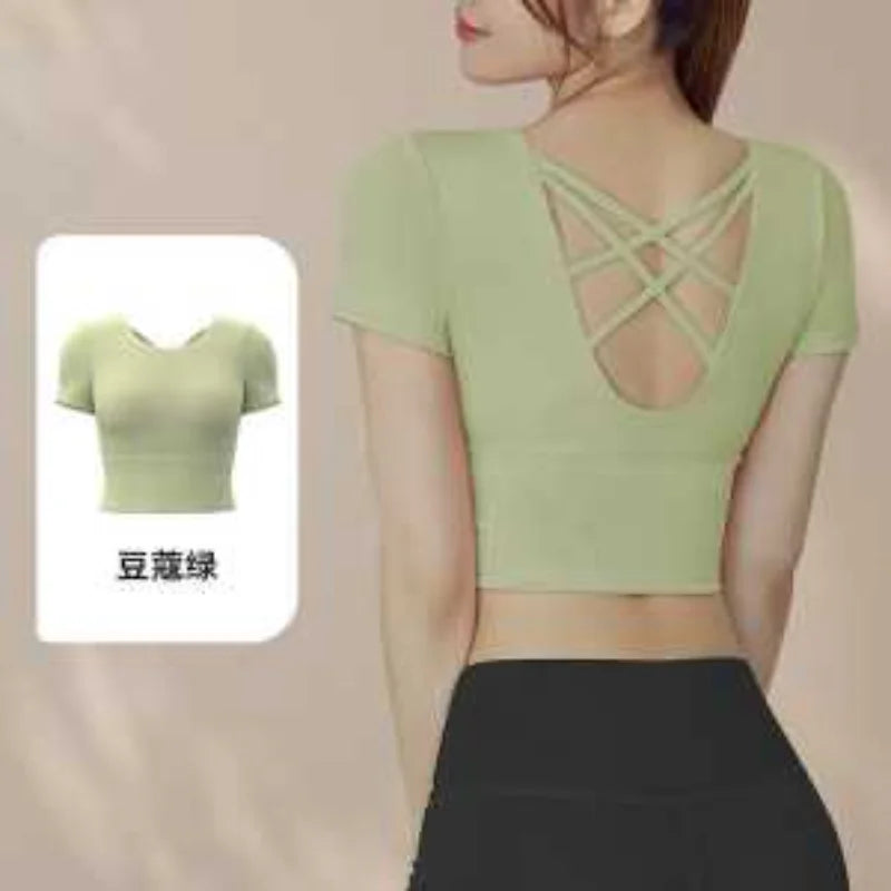 Women's Yoga Top with Built-In Chest Pads - Short Sleeve Workout Shirt