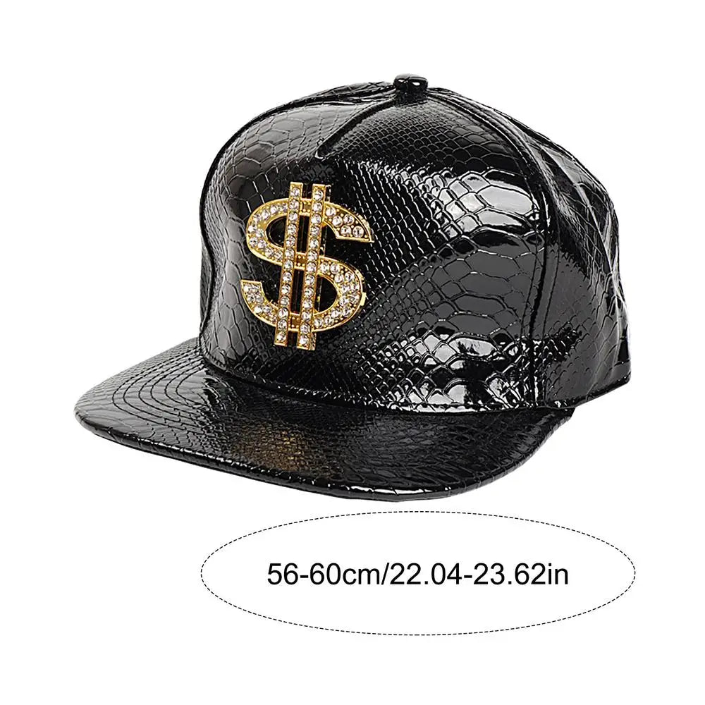 Gold Dollar Sign Hip-Hop Cap - Crocodile Texture Flat Brim Hat for Break Dance & Street Style