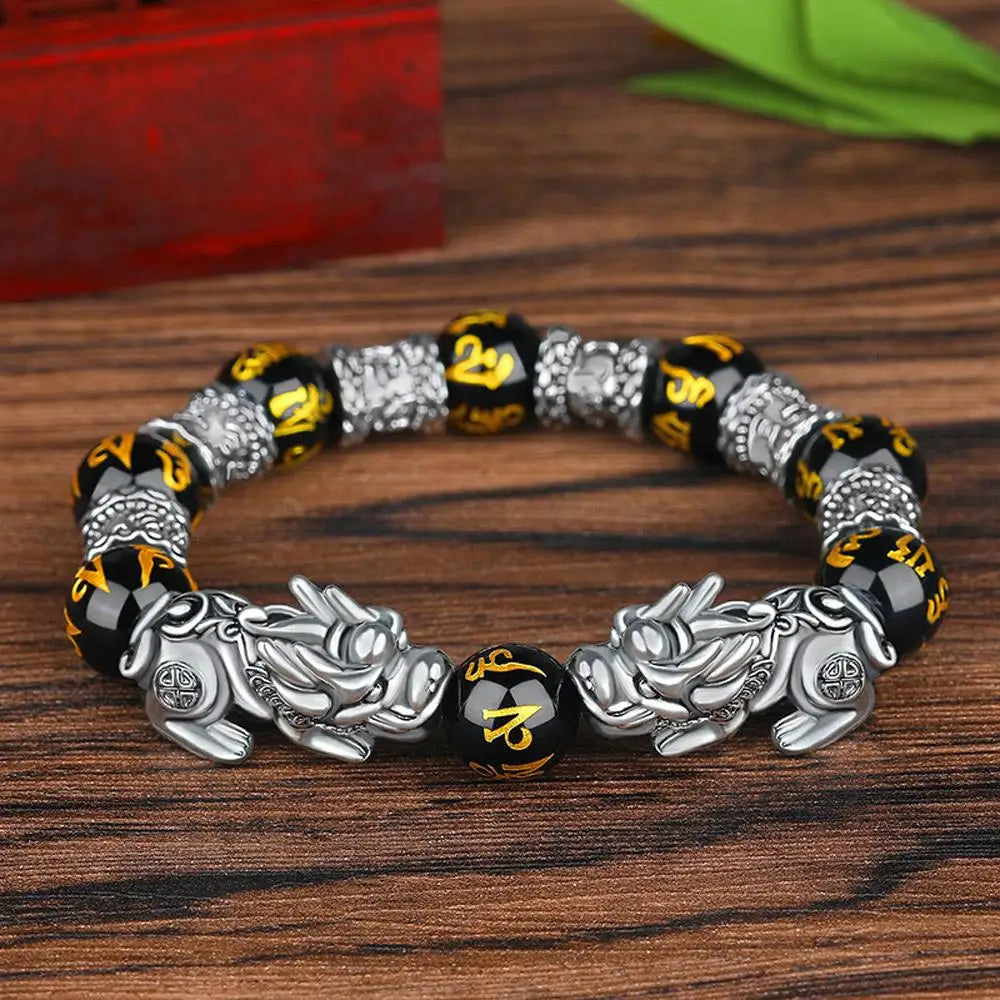 Fashion Jewelry Unisex Pixiu Attract Wealth Feng Shui Men Bracelets Obsidian Stone Beads Wristband Good Luck Bangle