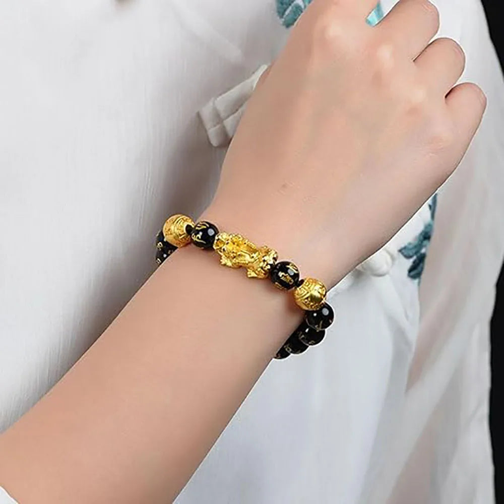 Feng Shui Black Obsidian Pixiu Wealth Bracelet - Prosperity Buddha Beads Elastic Bracelet