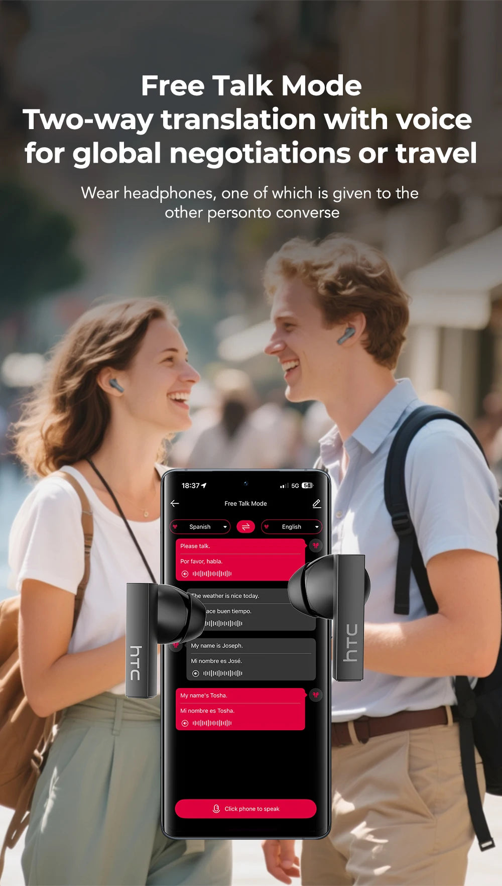 HTC Bluetooth Earphones with AI Translator & HD Subtitles - TWS Sports Wireless