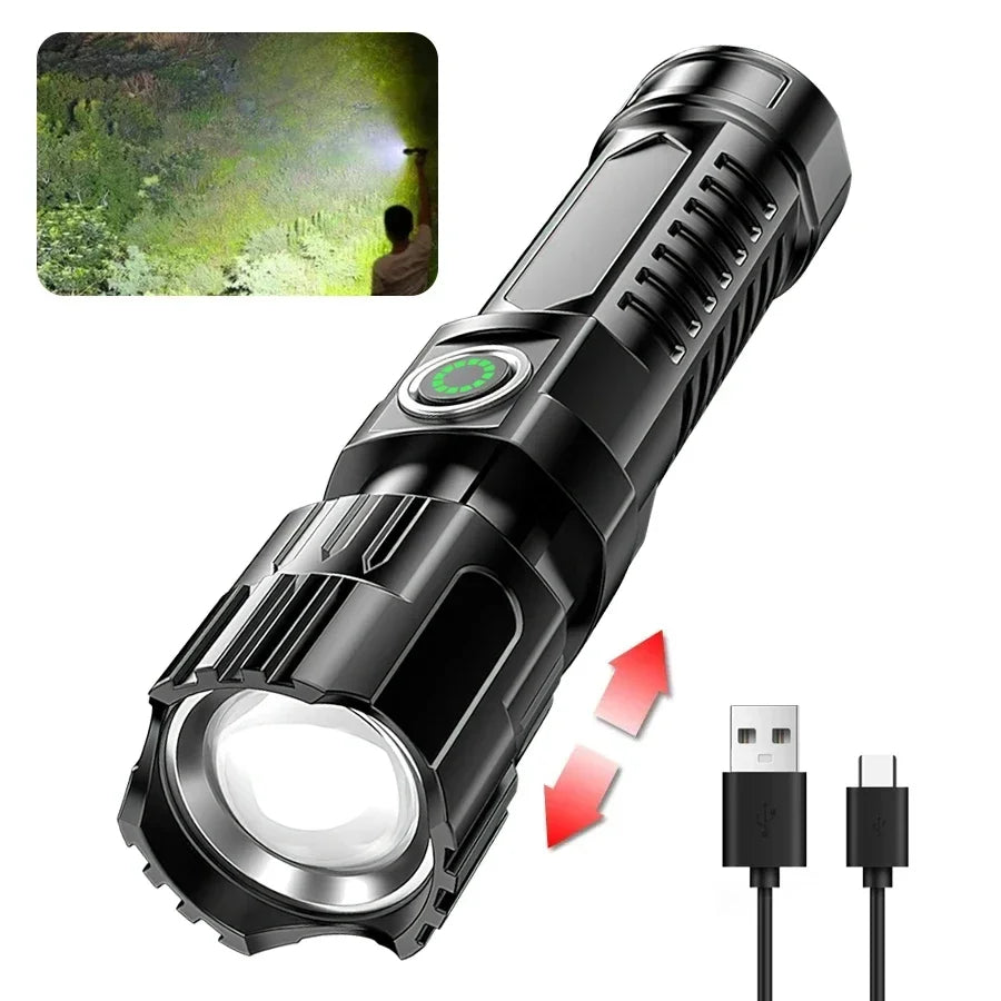 2000 Lumen LED Flashlight with Power Display - USB Rechargeable Tactical Torch with Zoom
