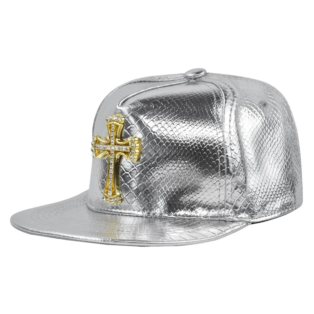 Cross Jesus Metal Label Hip-Hop Cap - Flat Brim Fitted Hat for Break Dance & Street Style