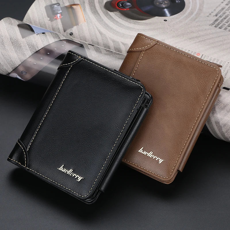 Men's Leather Bifold Wallet - Zipper Coin Pocket Card Holder with RFID Protection