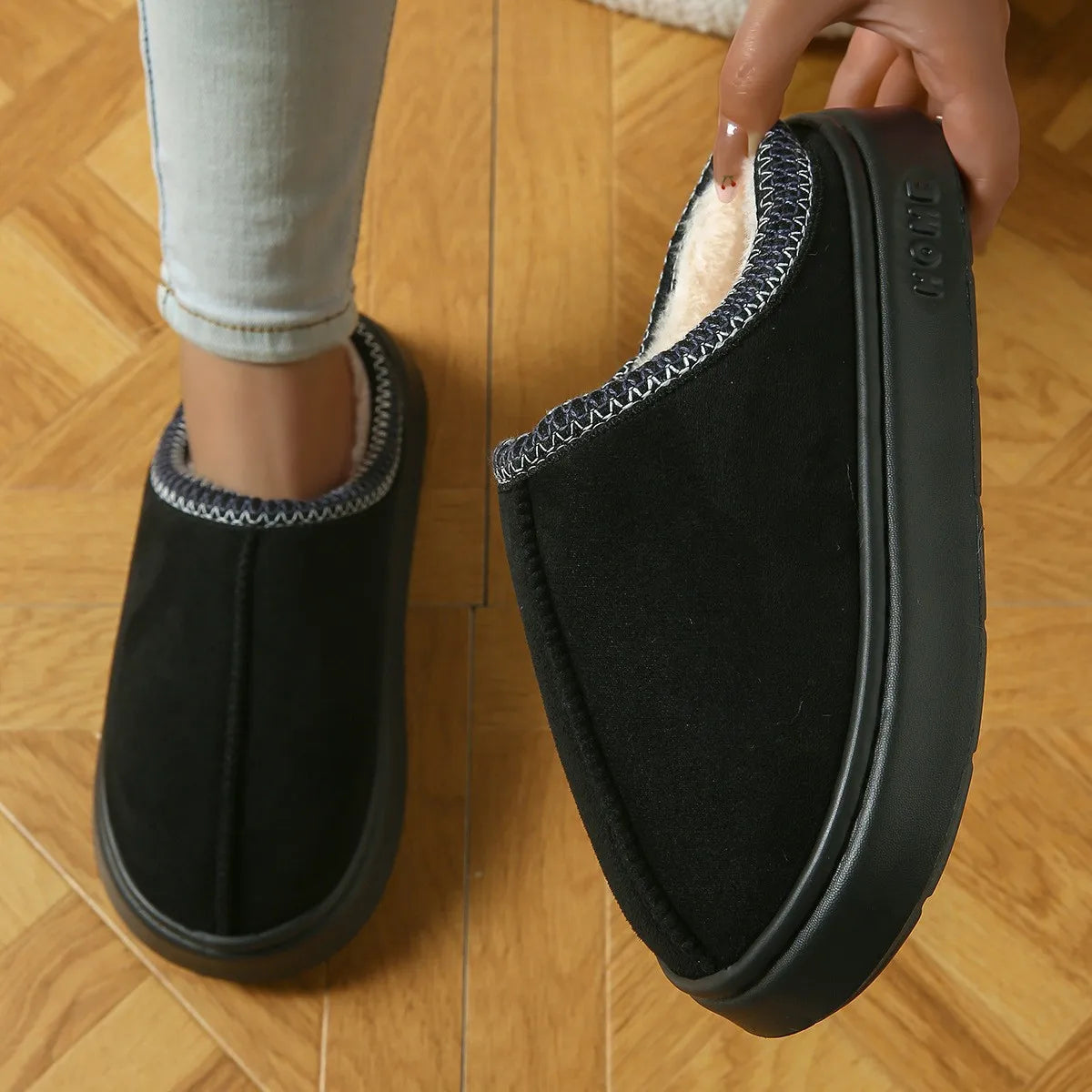 Women's Winter Slippers - Embroidered Plush Anti-Slip Indoor House Shoes with Thick Sole