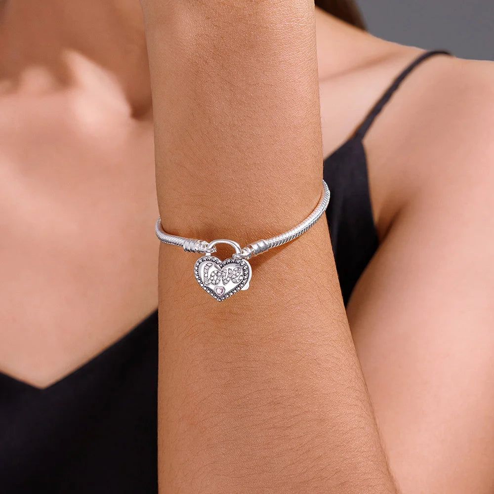 925 Sterling Silver Pink Zircon Padlock Charm Bracelet