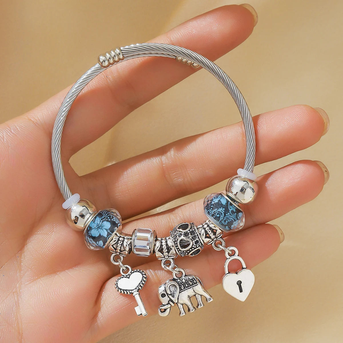 Elephant & Tree of Life Charm Bracelet - Multi-Charm Cuff Bracelet