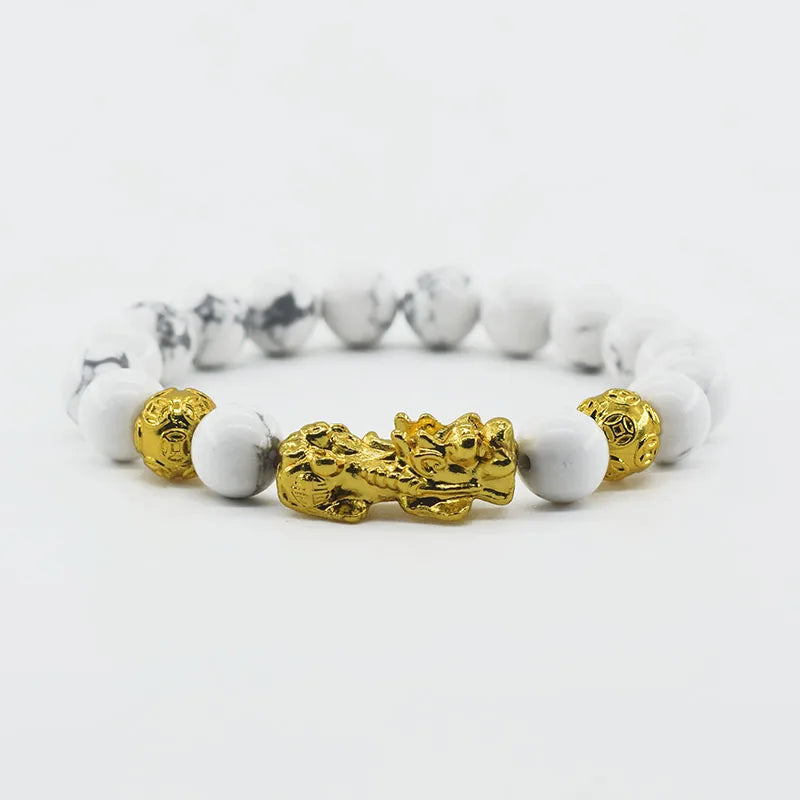 Pixiu Bracelet Feng Shui Wealth and Good Luck Bracelet Homme Wristband Gold Color Obisidian Stone Beads Black Six Character Gift