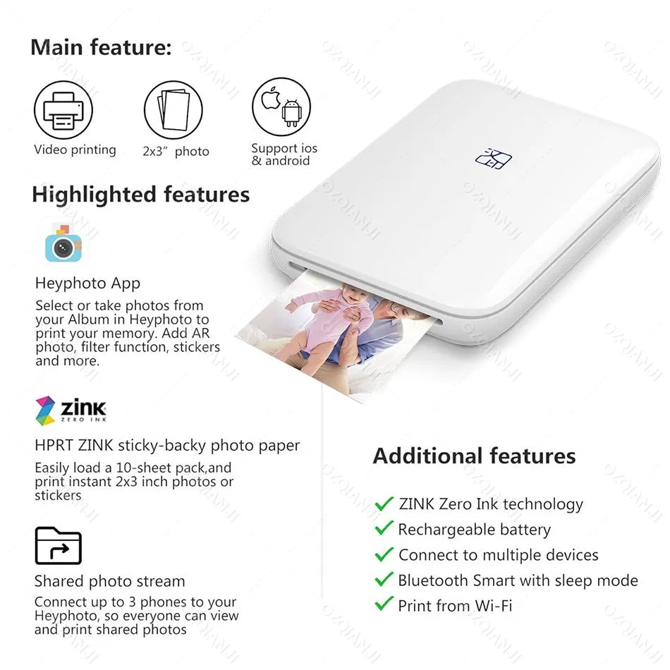 Portable Pocket Photo Printer – Wireless Bluetooth Zink 2x3" Color Printer