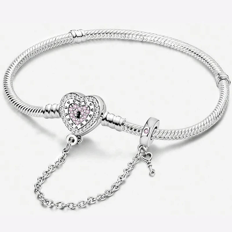 925 Sterling Silver Heart Charm Bracelet with Zircon Stones