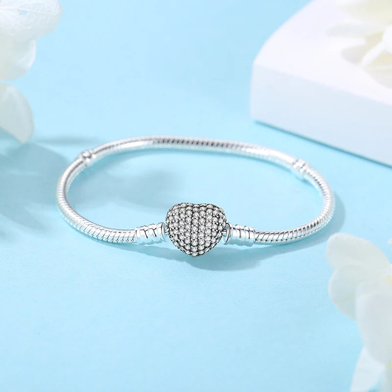925 Sterling Silver Snake Chain Bracelet with Heart Charm Beads