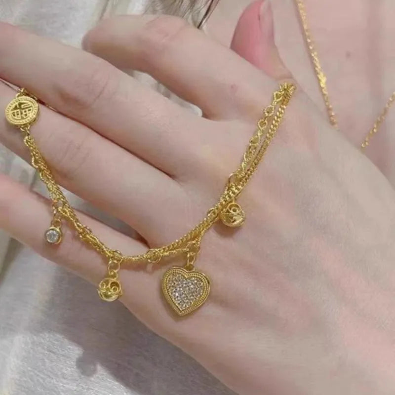Gold Love Heart Zircon Bracelet - Double Layer Valentine's Day Jewelry