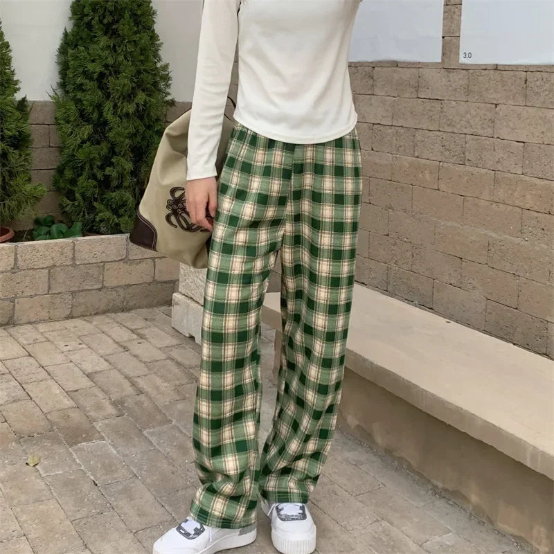 Warm Plush Plaid Pants – Women Winter Wide-Leg Casual