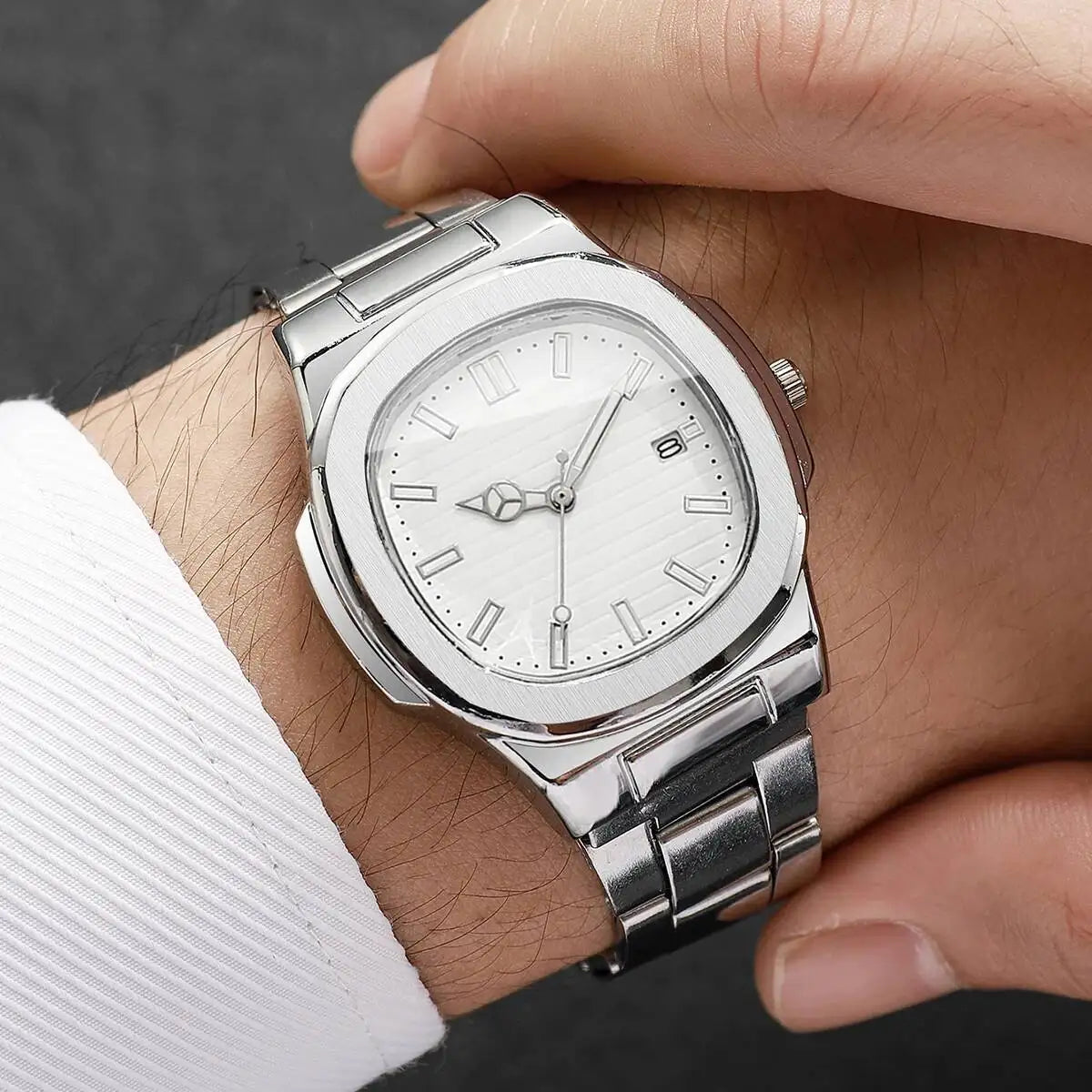 Luxury Men's Square Dial Quartz Watch – Stainless Steel Business Watch with Calendar