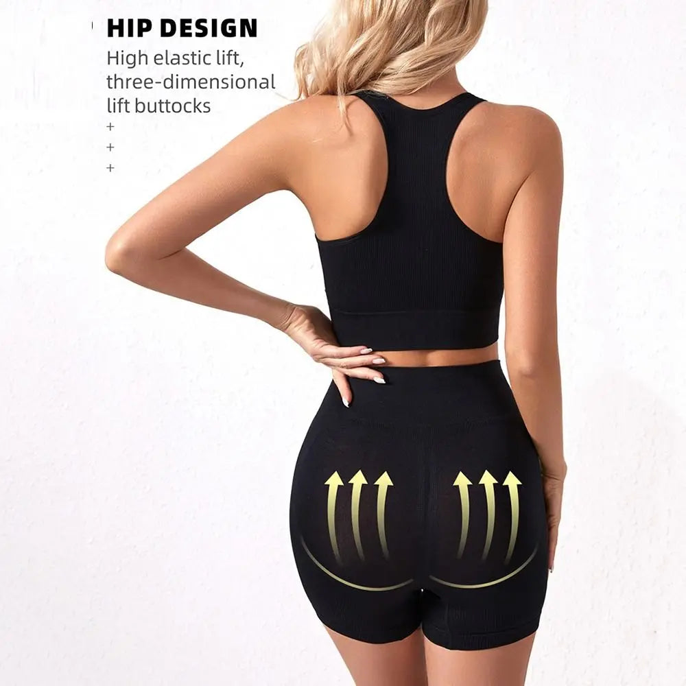 Women's 2-Piece Breathable Ribbed Workout Set - Sports Bra & High Waist Shorts (Summer Active Set)