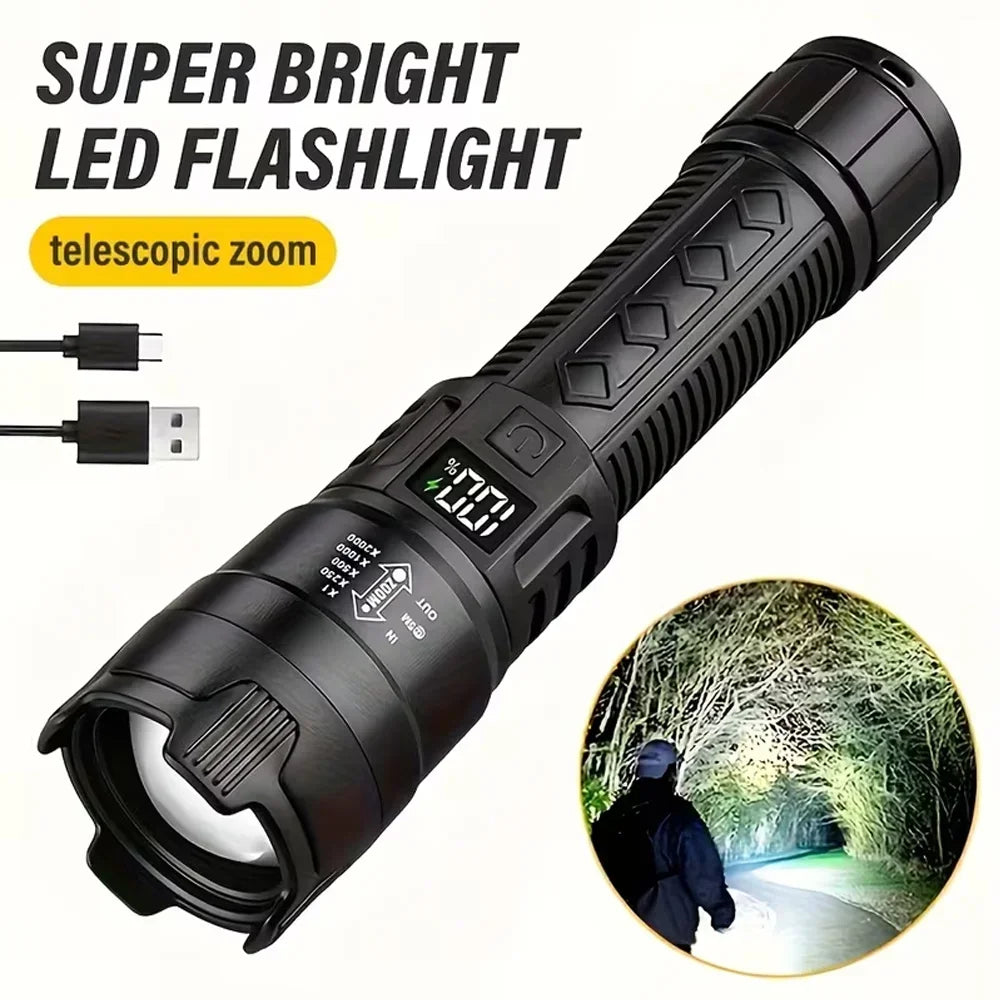 P50 Ultra Bright LED Flashlight - 2000 Lumens Tactical Rechargeable Torch with Zoom