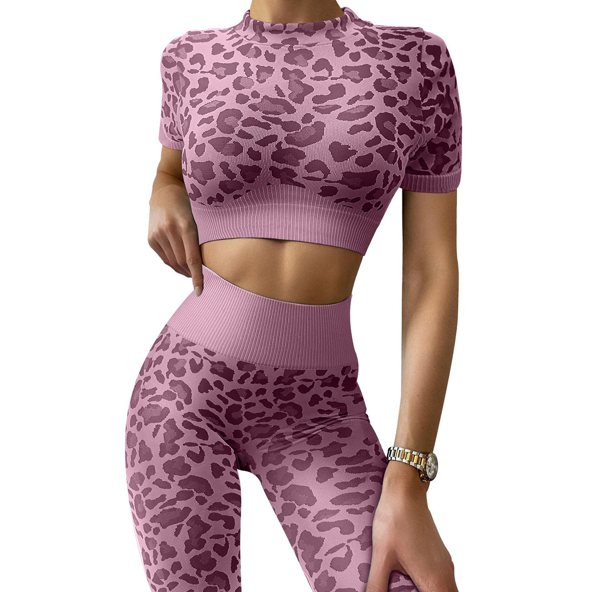 Women's Leopard Print Workout Set - 2-Piece Seamless Gym Outfit for Yoga & Fitness