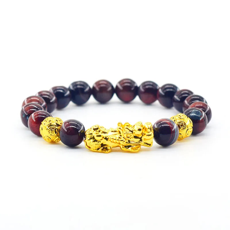Pixiu Bracelet Feng Shui Wealth and Good Luck Bracelet Homme Wristband Gold Color Obisidian Stone Beads Black Six Character Gift