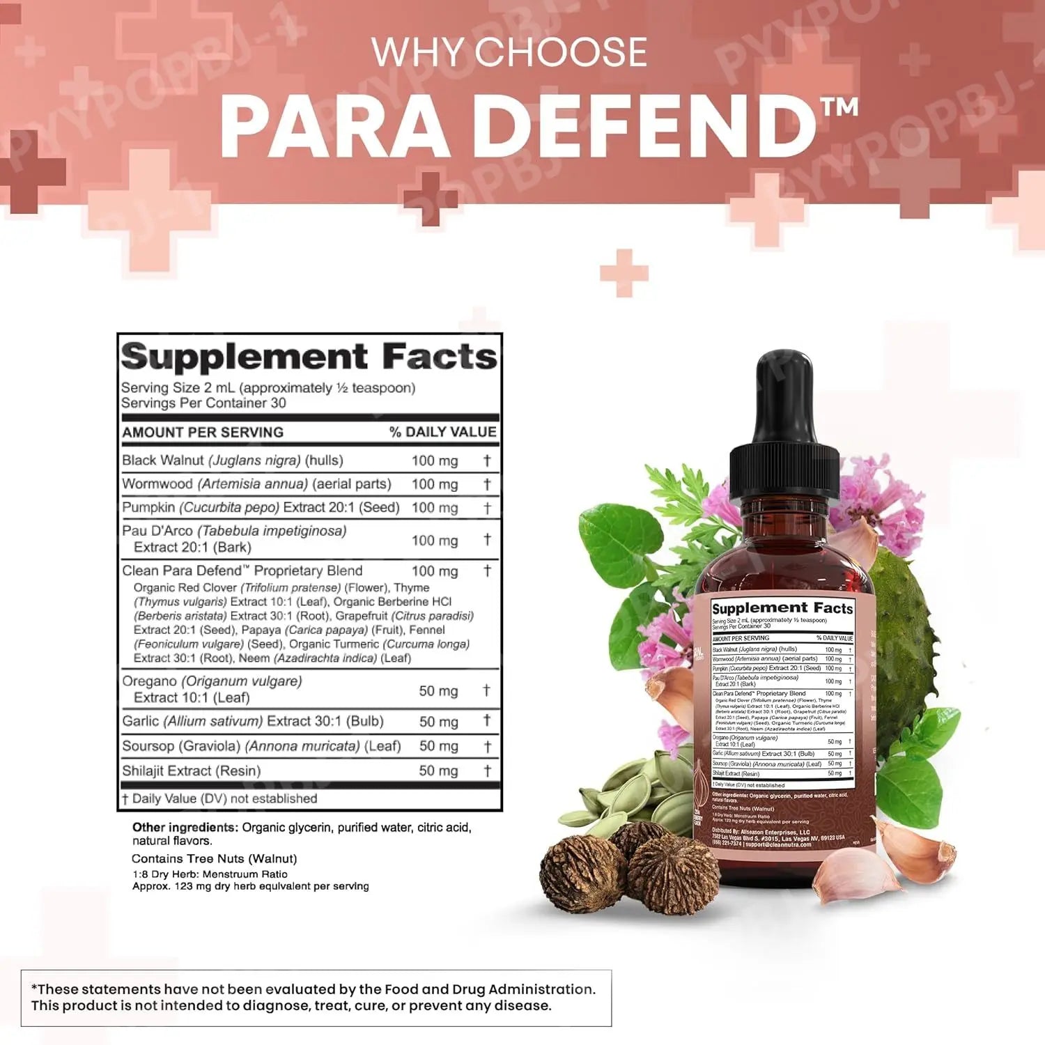 Para Defend Wormwood Black Walnut Cleanse for Humans Drops Liquid Soursop Garlic Pumpkin Seed PAU D'Arco Oil of Oregano Turmeric