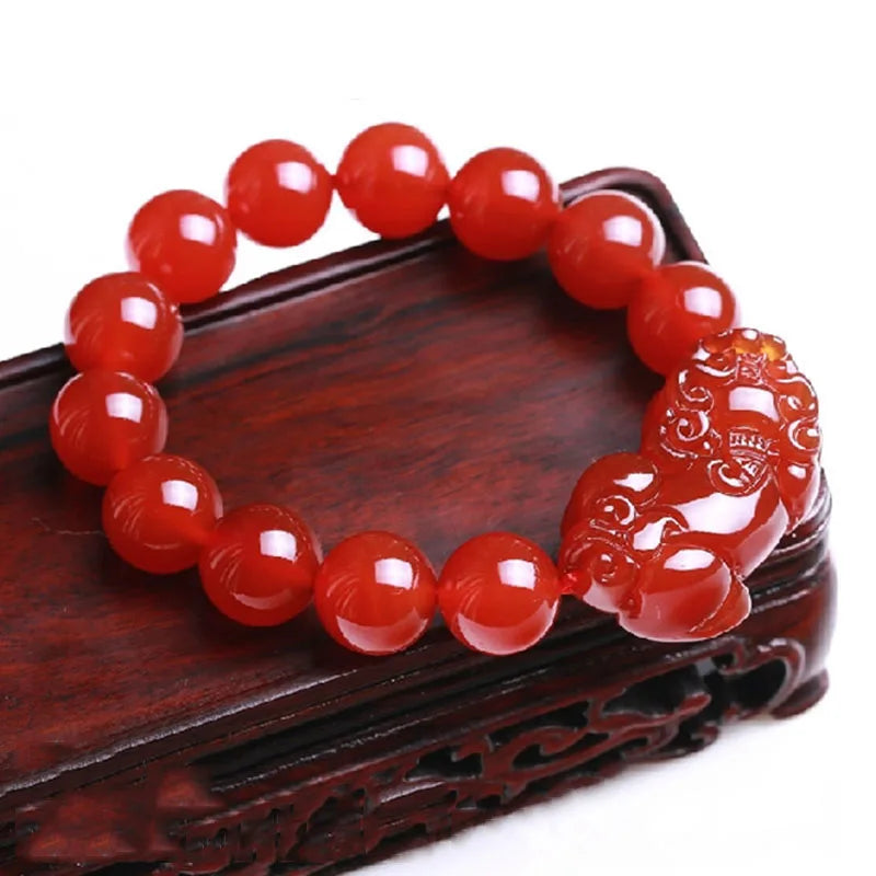 Natural Red Jade Pixiu Bracelet Pulsera Feng Shui Men Women Healing Jewelry Carnelian Bead Elastic Beaded Lucky Amulet Bracelets