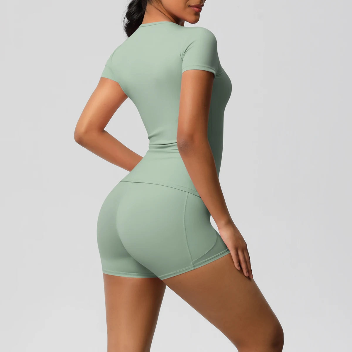Women's 2-Piece Workout Set - Push-Up Shirt & High Waist Shorts for Yoga & Fitness