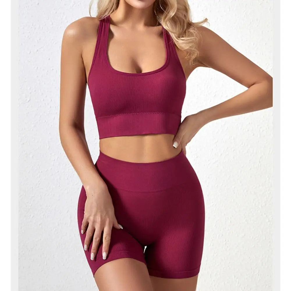 2 Pieces Seamless Workout Outfits High Waist Short Sport Bra Crop Matching Active Set Sleeveless Round Neck Tracksuit Exercise