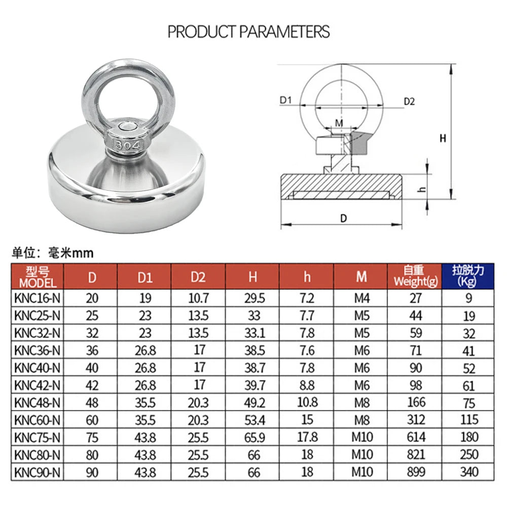 Super Strong Neodymium Fishing Magnet - N52 Heavy Duty Salvage Magnet with Eyebolt (D16-D42mm)