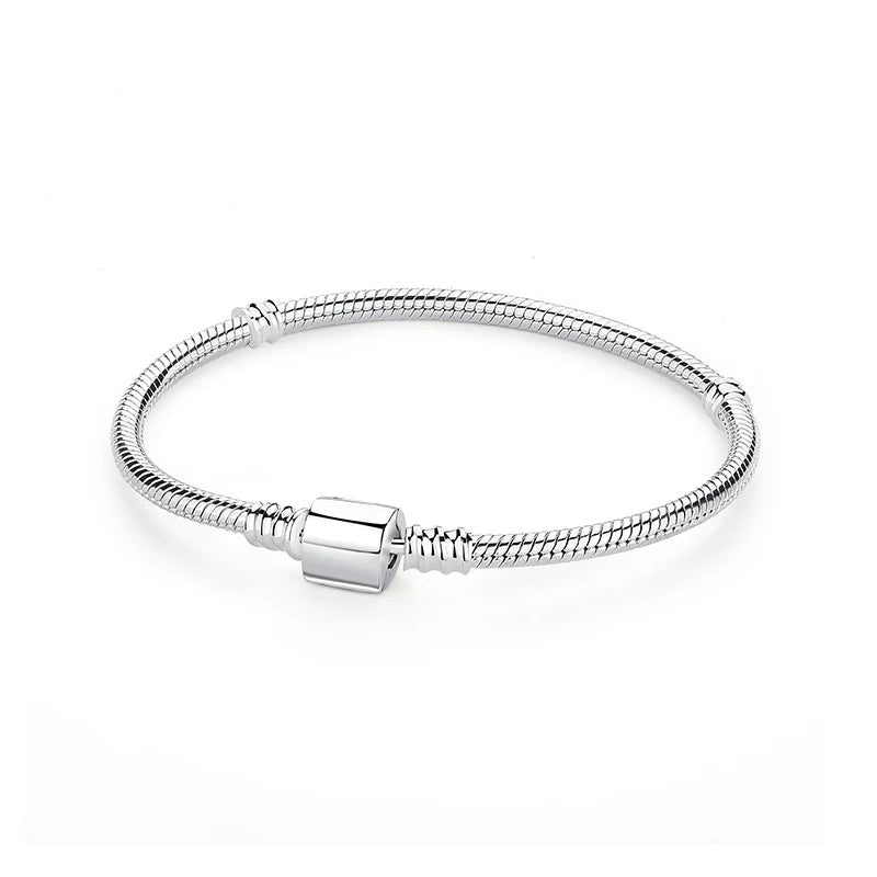 925 Sterling Silver Snake Chain Bracelet with Heart Charm Beads