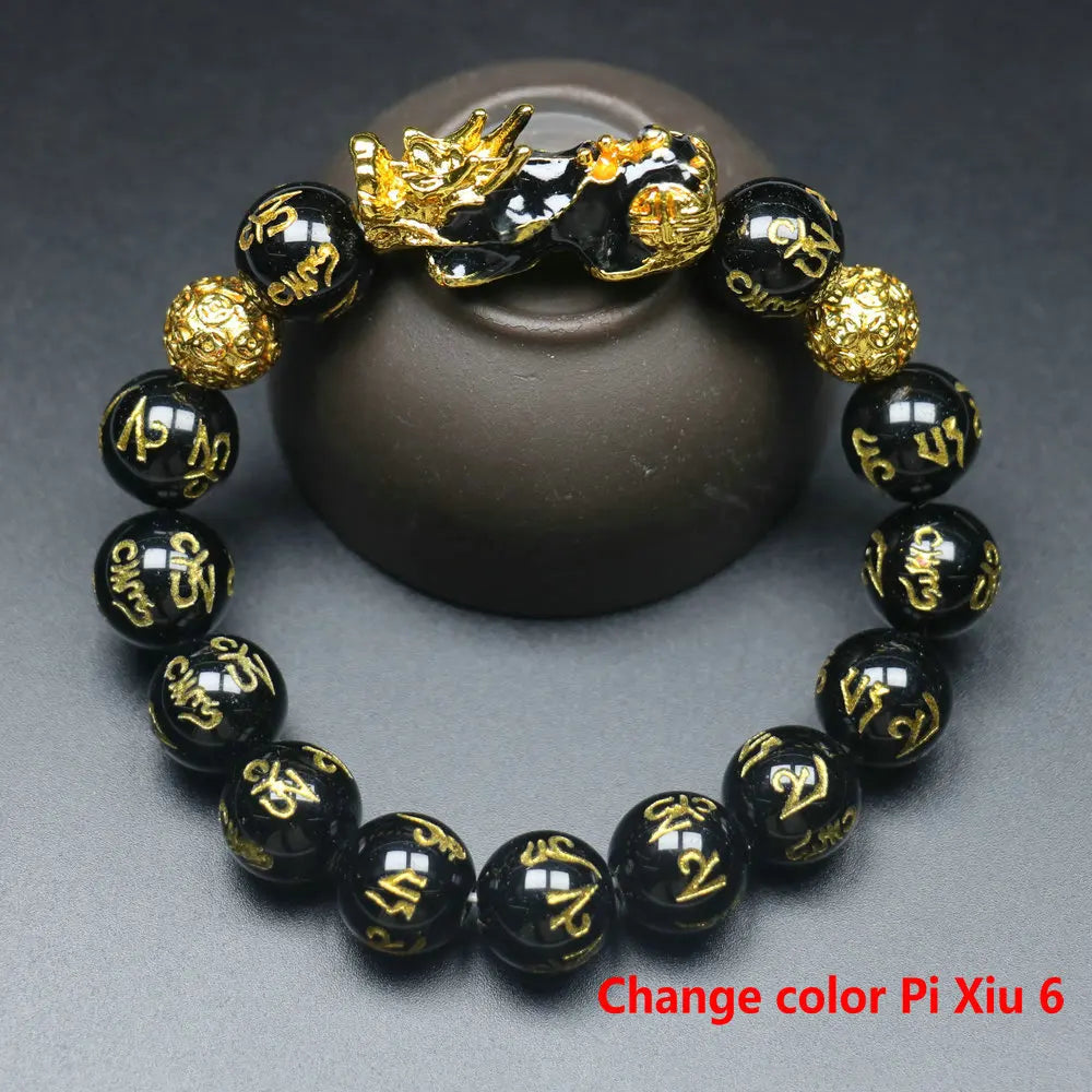 Feng Shui Wealth Pixiu Bracelet Men Women Black Obsidian Beads Chakra Meditation Yoga Bracelet Change Color Pi Xiu Jewelry Gift