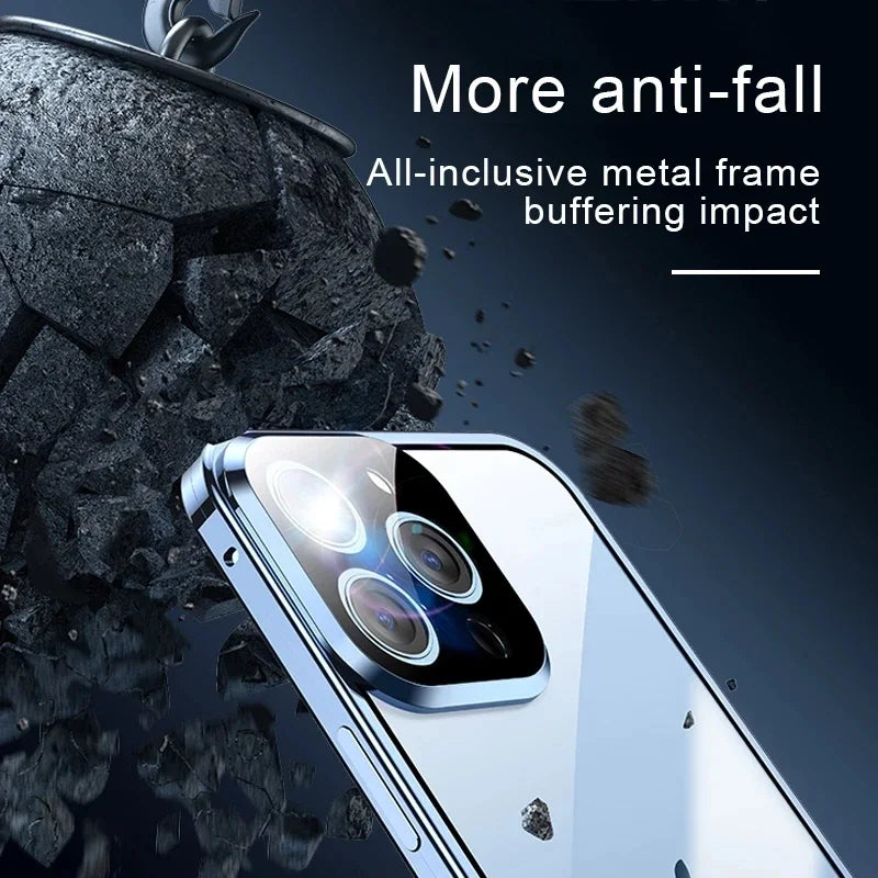 360° Metal Magnetic Glass Phone Case – Snap Lock Bumper for iPhone 16/15/14/13/12 Pro Max