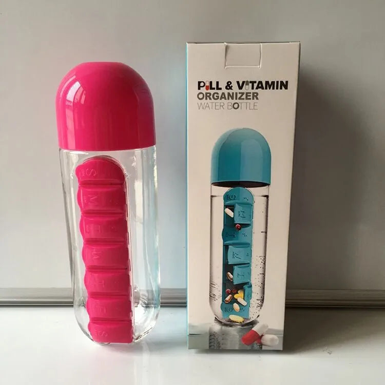 Portable Water Bottle with Built-in Pill Box for Medicines, Vitamins, Perfect for Outdoor, Gym, Fitness, Camping and Traveling