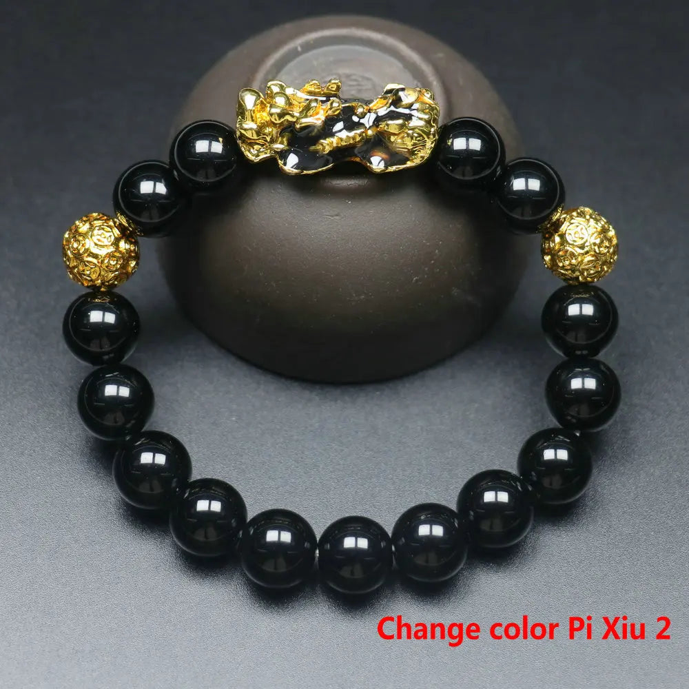 Feng Shui Wealth Pixiu Bracelet Men Women Black Obsidian Beads Chakra Meditation Yoga Bracelet Change Color Pi Xiu Jewelry Gift
