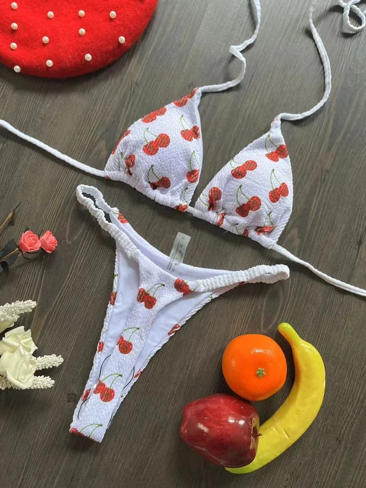 2024 brazilian bikini women suit, beach fashion, sexy thong swimsuit, cute cherry print