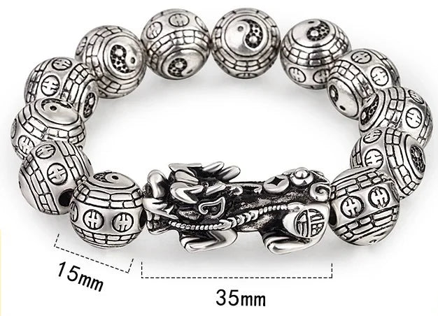Feng Shui Taiji Bagua Pixiu Bracelet - Thai Silver Beads Wristband for Wealth & Good Luck