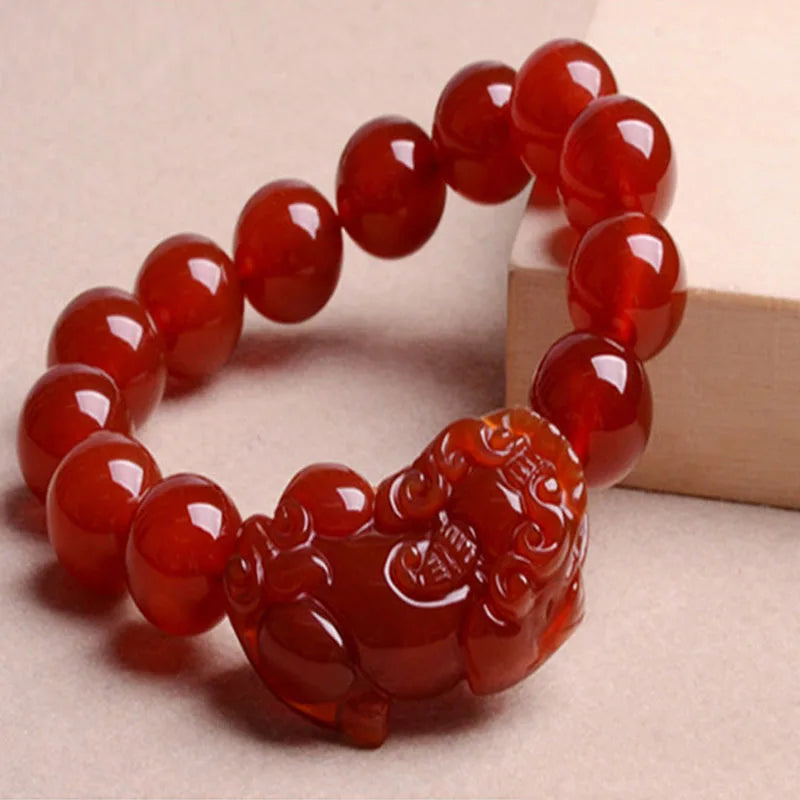Natural Red Jade Pixiu Bracelet Pulsera Feng Shui Men Women Healing Jewelry Carnelian Bead Elastic Beaded Lucky Amulet Bracelets