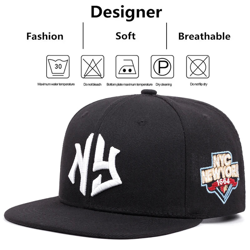 NY1664 Embroidered Snapback Hat - Adjustable Hip-Hop Baseball Cap for Outdoor Sports