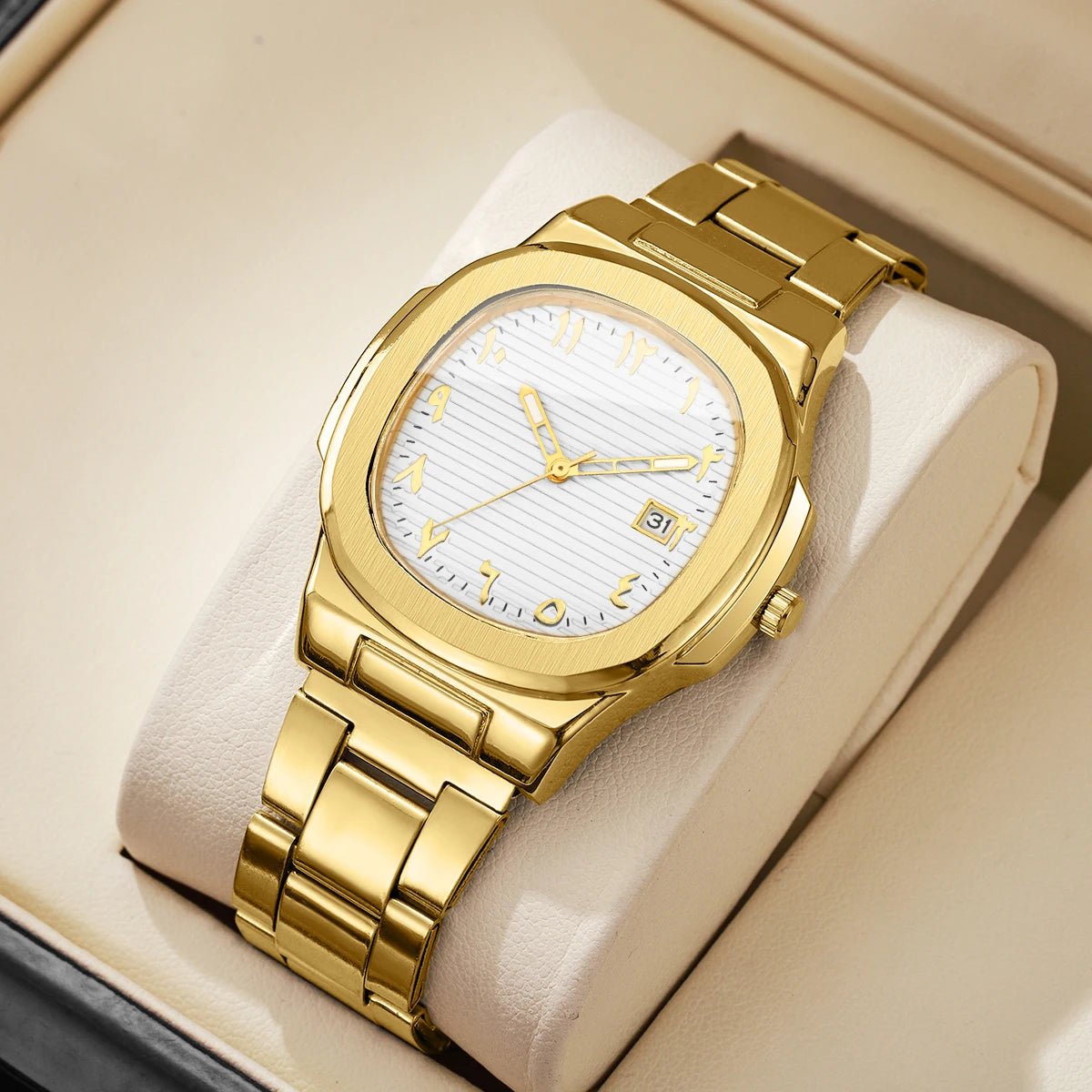 Luxury Men's Square Dial Quartz Watch – Stainless Steel Business Watch with Calendar
