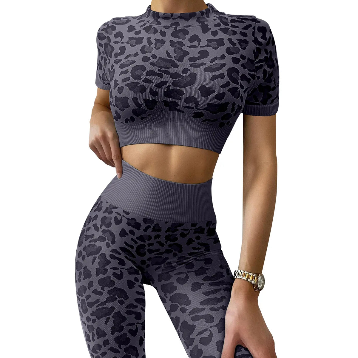 Women's Leopard Print Workout Set - 2-Piece Seamless Gym Outfit for Yoga & Fitness